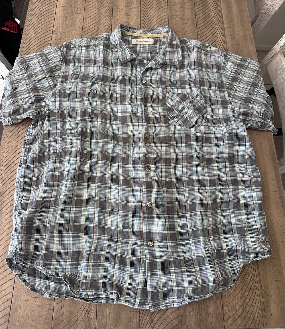 Tommy Bahama Mens XL Linen Plaid Short Sleeve Button Up Gray Blue Casual AS IS
